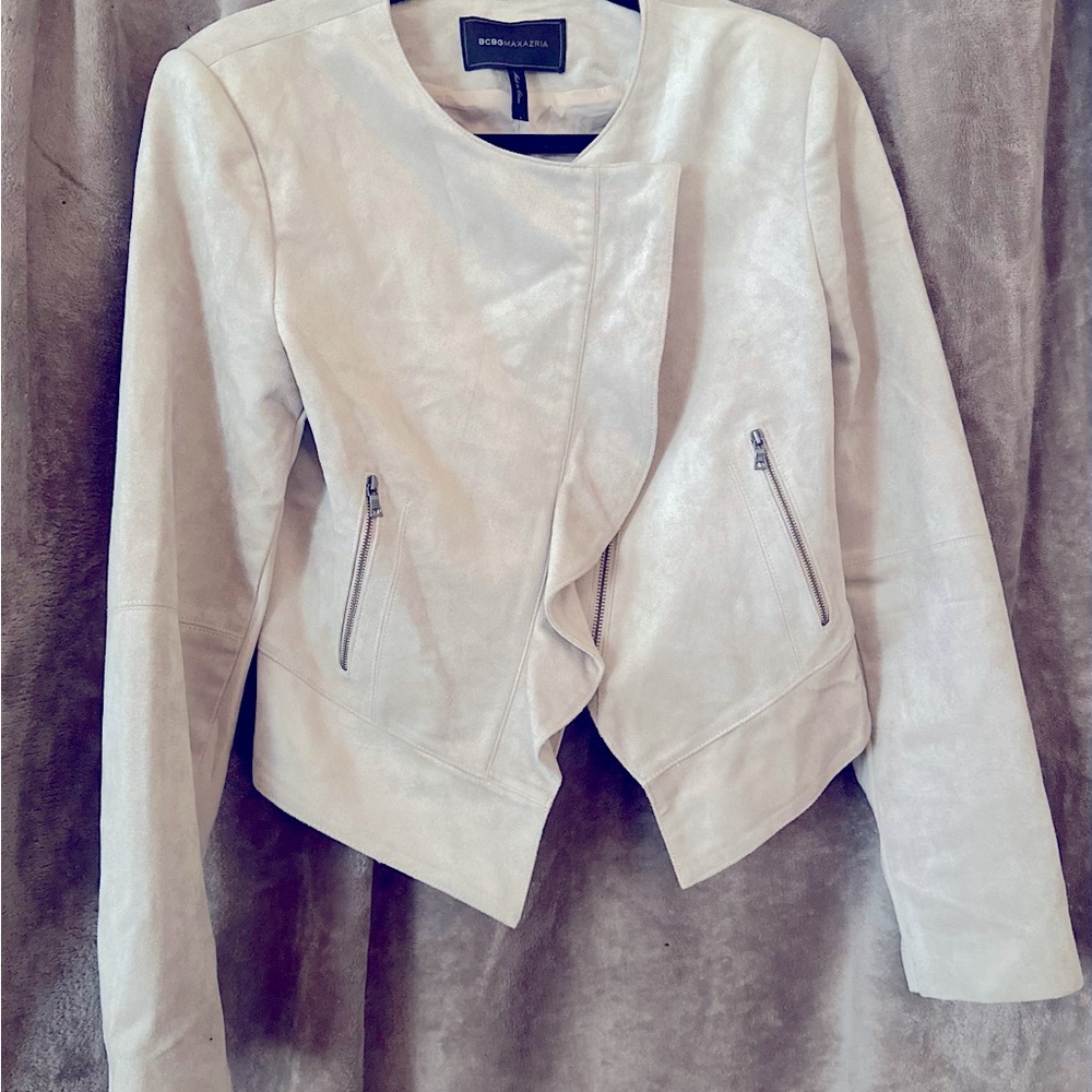 BCBGMAXAZRIA Suede Moto Jacket in Cream